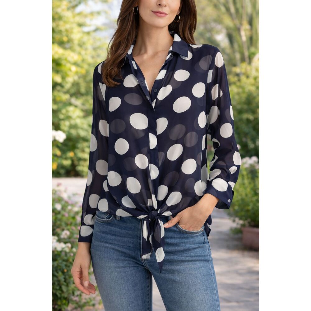 Love Culture Women's S Navy Sheer White Polka Dot LS Front Knot Blouse #5